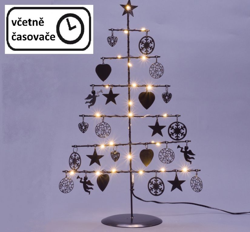 Kovový vánoční dekorativní stromek osvětlený na baterie, vnitřní, 25 LED, 42 cm, černý
