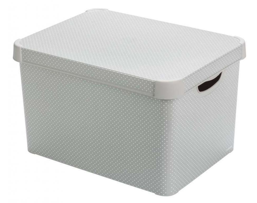 Úložný plastový box s víkem 22 L, šedá + puntíky, 39,5x29,5x25 cm