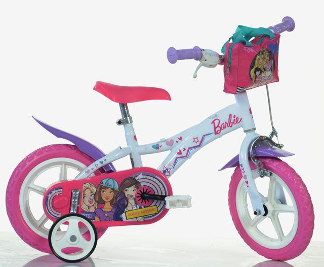 Dětské kolo 12 s bočními kolečky, pro holčičky od 4 let, potisk Barbie