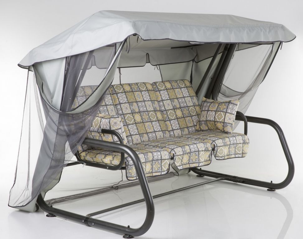 Luxusní zahradní houpačka rodinná, rozkládací sedačka, moskytiéra, šedá vzorovaná, 222 cm