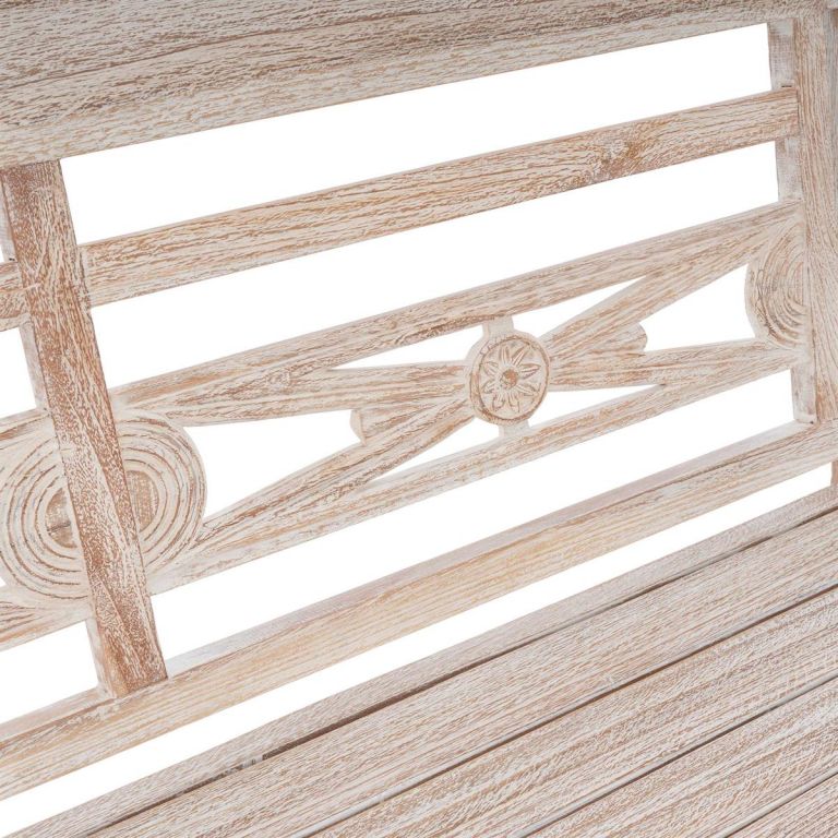 Dřevěná lavička s ozdobnými vyřezávanými detaily, dřevo- teak bělený, 119 cm