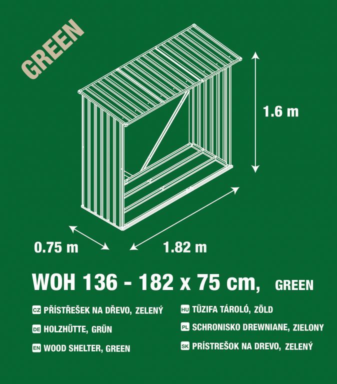 Kovový přístřešek na dřevo k plotu / ke stěně, zelený, 136x182x75 cm