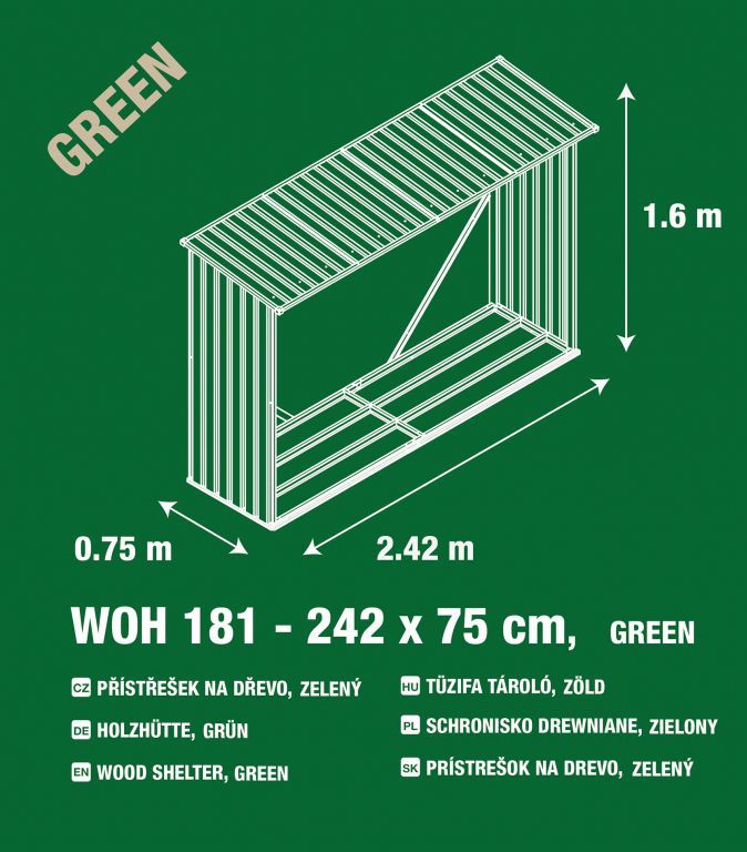Kovový přístřešek na dřevo k plotu / ke stěně, zelený, 242x160x75 cm