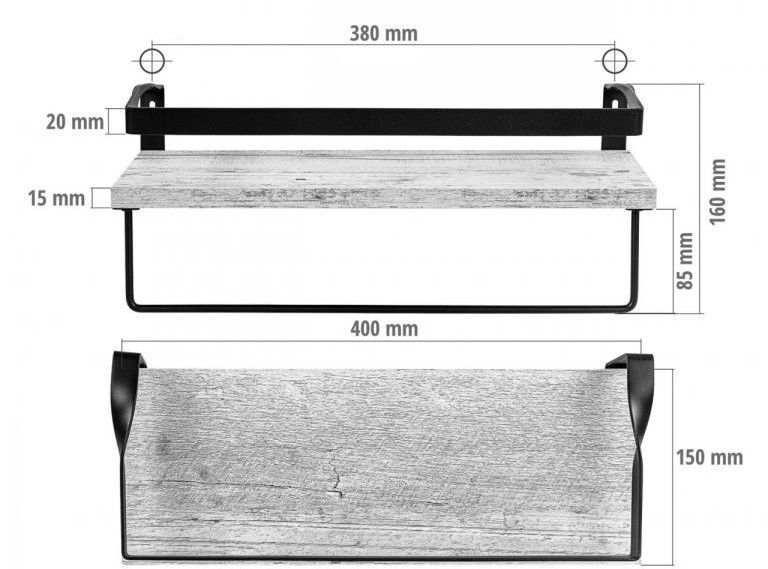 2x nástěnná polička dřevodekor šedý / kovový rám, 40 cm