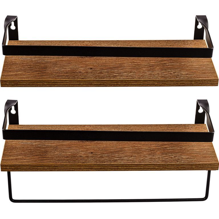 2x dekorativní nástěnná polička s kovovým okrajem a spodním držákem, dřevo / černá, 40 cm