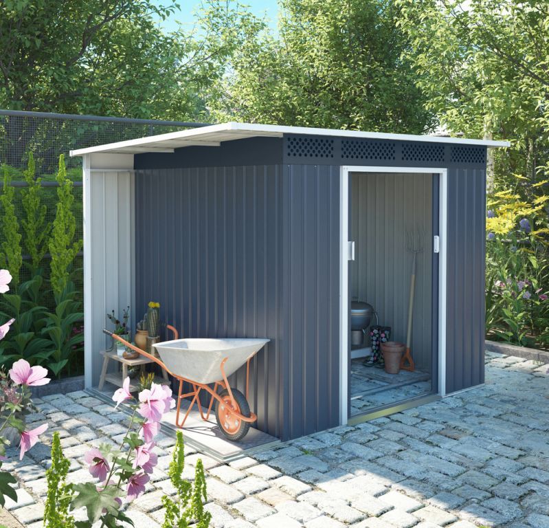 Kovový zahradní domek s boční stříškou na dřevo / rostliny, šedý, 184x257x142 cm
