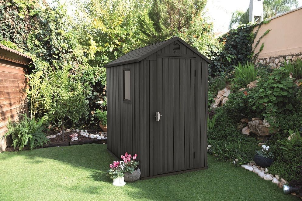 Malý plastový zahradní domek tmavě šedý v imitaci dřeva, 205x126x185 cm