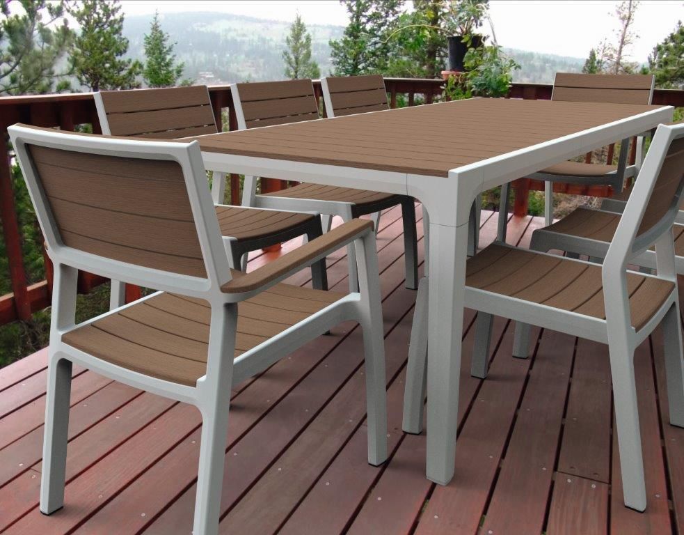 Kvalitní bytelný zahradní plastový stůl obdélníkový, imitace dřeva, bílá / cappuccino