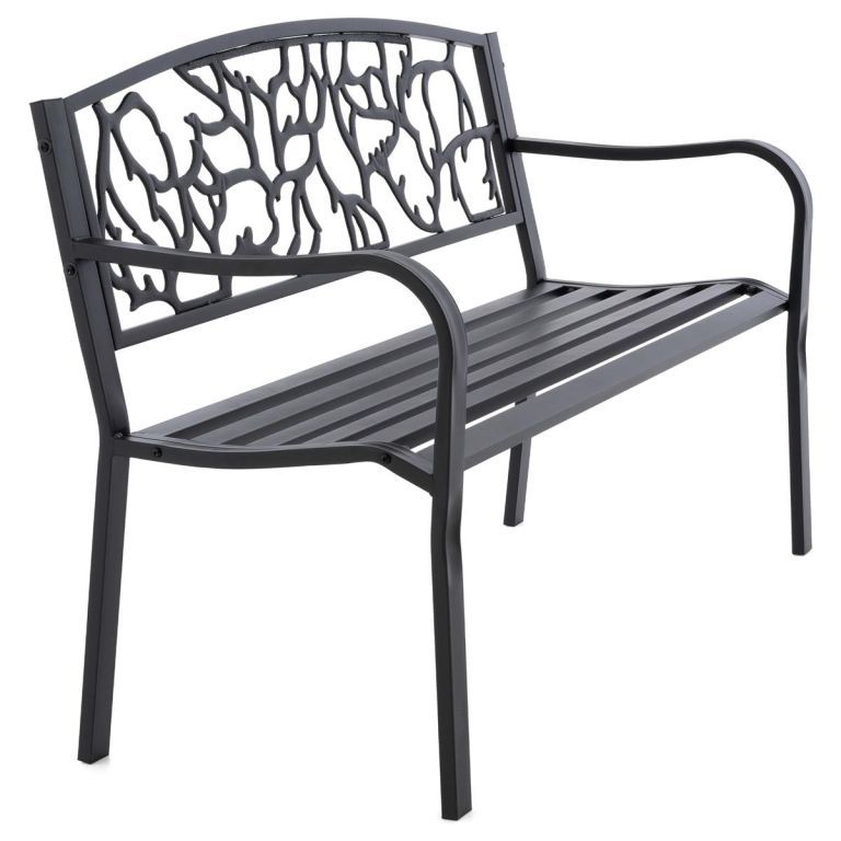 Kovová zahradní lavička trojsedák v retro stylu, zdobené opěradlo, černá, 127 cm