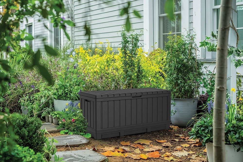 Bytelný velký úložný zahradní box s možností sezení, hnědý, 350 L, 59x128x54 cm