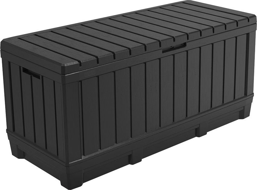 Velký plastový zahradní box úložný na nářadí / polstry / hračky, možnost sezení, grafit, 350 L, 59x128x54 cm