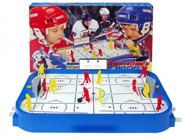Dětský stolní hokej s hráči ovládanými táhly, v krabici 53x30,5x7 cm