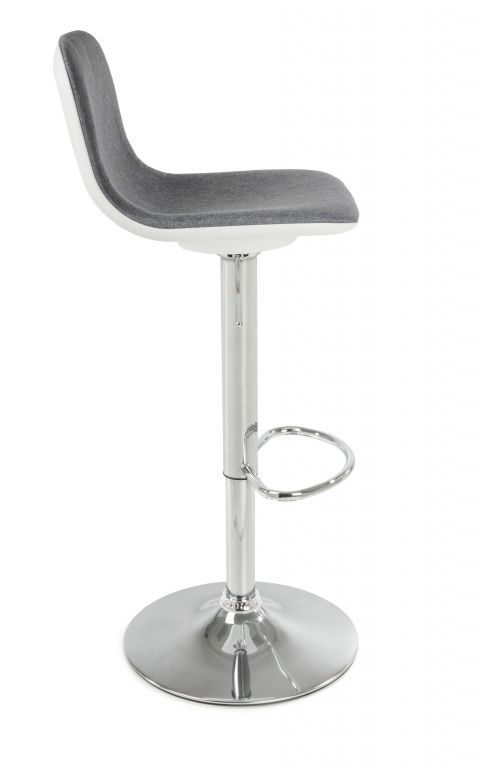 Měkká látková barová židle s kulatým kovovým podstavcem, šedá