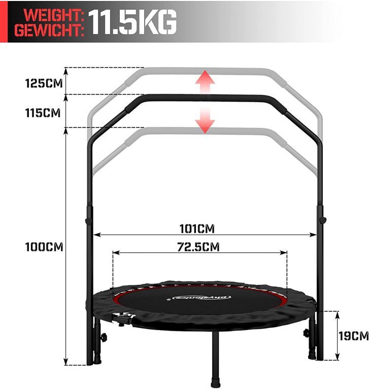 Skákací trampolína pro jumping a fitness, nastavitelné odnímatelné madlo na držení, do 150 kg, černá / červená, 101 cm