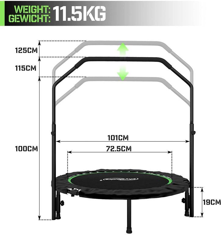 Skákací trampolína pro jumping a fitness, nastavitelné odnímatelné madlo na držení, do 150 kg, černá / zelená, 101 cm