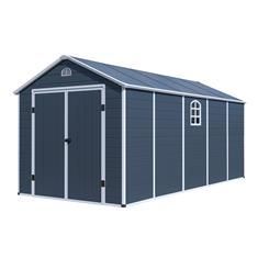 Velký plastový moderní zahradní domek na nářadí / garáž, tmavě šedá + bílá, 456x241x238 cm