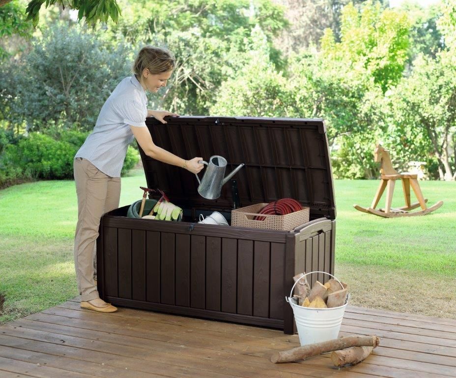 Velký zahradní box venkovní plastový- vzhled dřeva, tmavě hnědý, plynový píst, 390 L, 128x61x65 cm