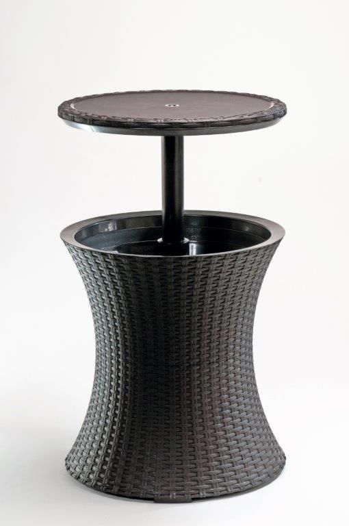 Ratanový venkovní kulatý odkládací stolek s úložným prostorem na chlazené nápoje, hnědý, 49,5x49,5x57 cm