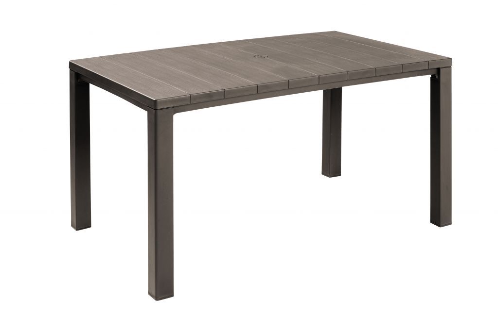 Zahradní plastový stůl obdélník pro 6 osob, imitace dřeva, otvor pro slunečník, cappuccino (světle hnědá), 147x90 cm