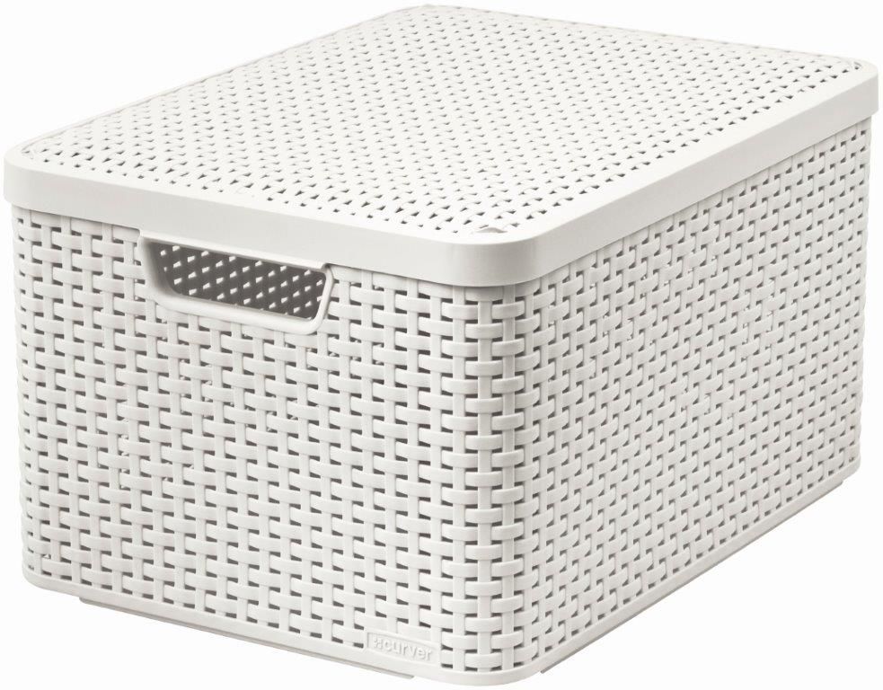 Plastový úložný box do domácnosti s víkem, umělý ratan, prodyšný, bílý, 30L, 45x25x33 cm