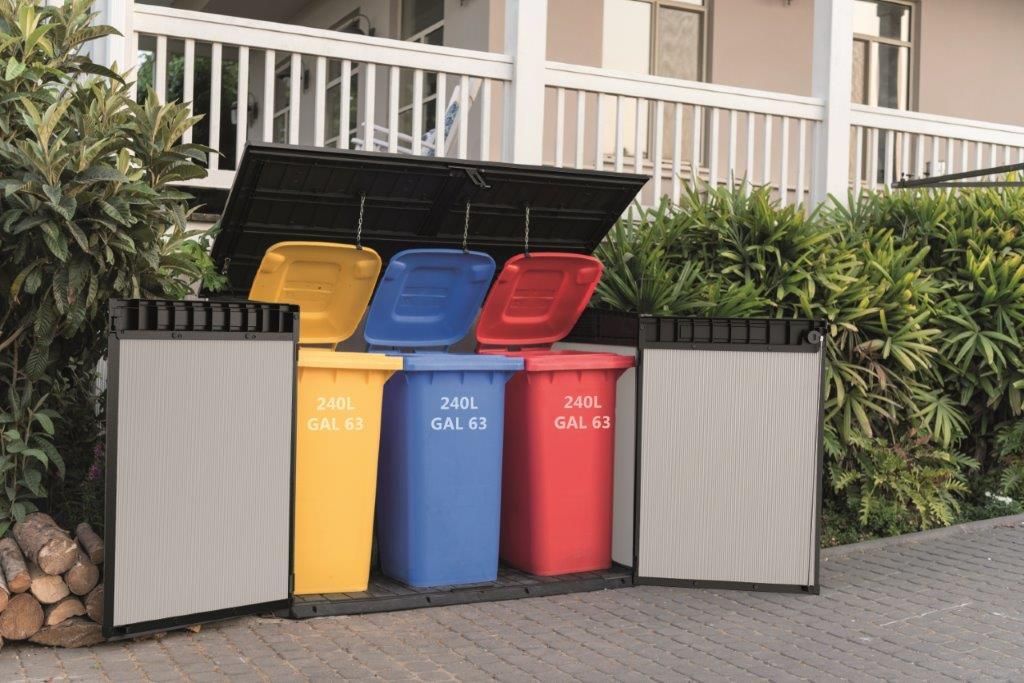 Velký venkovní plastový box na popelnice / na nářadí, šedohnědý, dveře + víko, 2020 L, 190,5x132,5x109,3 cm