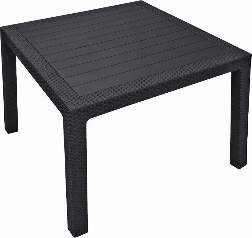 Venkovní plastový stůl čtvercový pro 4 osoby grafit (tmavě šedý), imitace ratanu, 95x95 cm