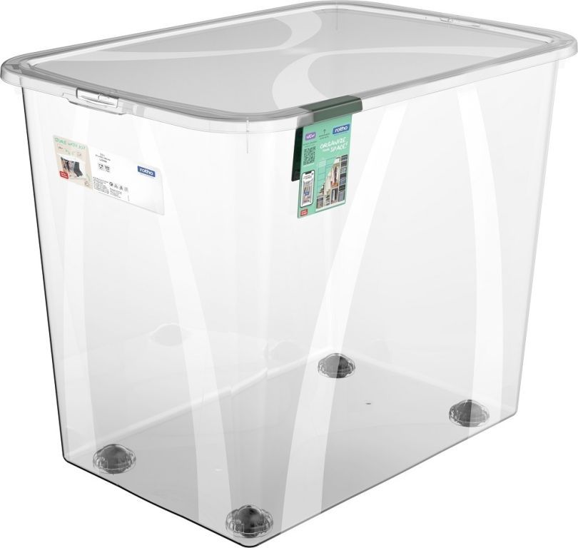 Velký úložný plastový box průhledný s víkem, pojezdová kolečka, 70 L, 39x47x57 cm