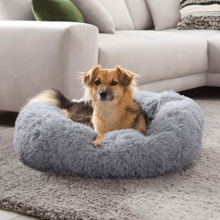 Chlupatý pelíšek pro psa kulatý bez okrajů světle šedý, průměr 80 cm