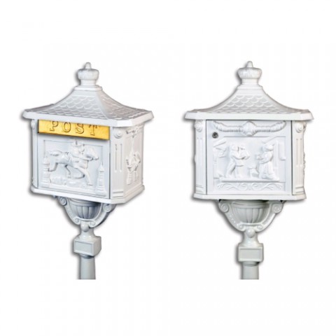 Dekorativní poštovní schránka na stojanu, litý hliník, bílá