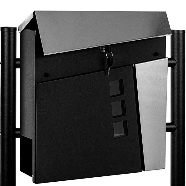 Luxusní designová poštovní schránka se stojanem venkovní, 2 nohy, černá / stříbrná, 37x37x10 cm (stojan 120 cm)