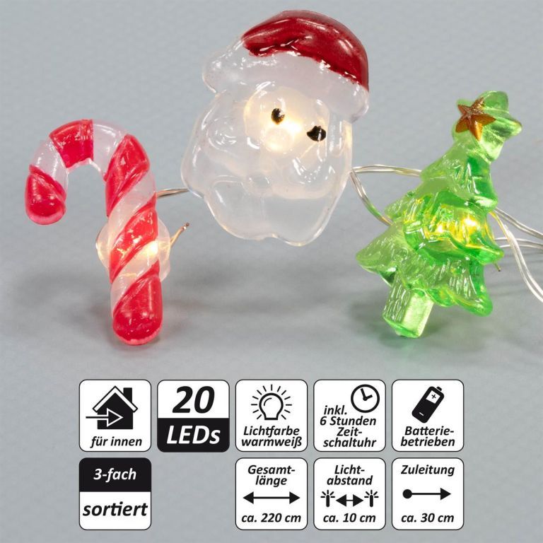 3x vánoční svítící řetěz do dětského pokojíčku vnitřní, na baterie, Santa + stromeček + cukrová hůl, 1,9 m