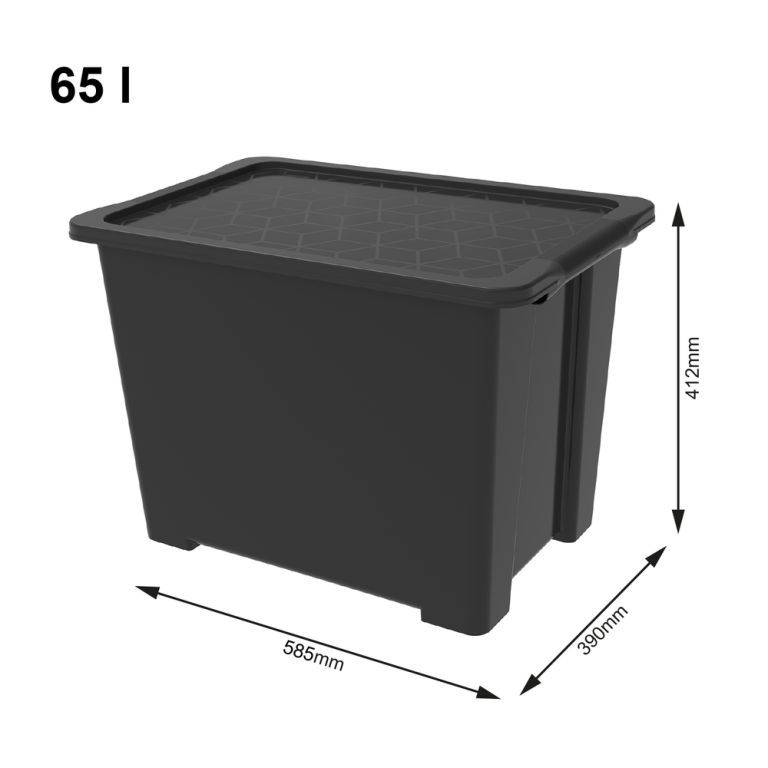 Velký úložný plastový box s víkem do dílny / garáže / sklepa, stohovatelný, černý, 65 L