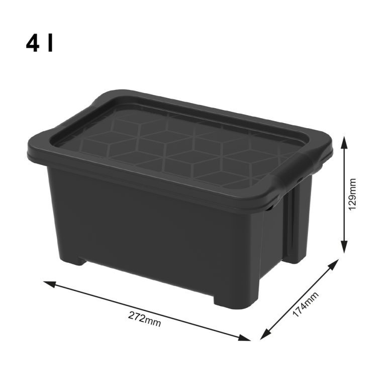 Úložný plastový box s víkem do dílny / garáže / sklepa, stohovatelný, černý, 4 L