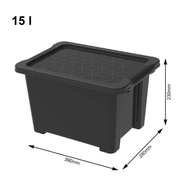 Plastový úložný box s víkem stohovatelný do domácnosti / kanceláře, černý, 15 L
