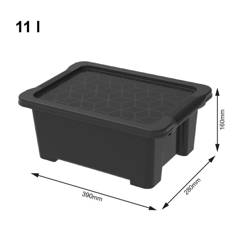 Plastový úložný box s víkem stohovatelný do domácnosti / kanceláře, černý, 11 L