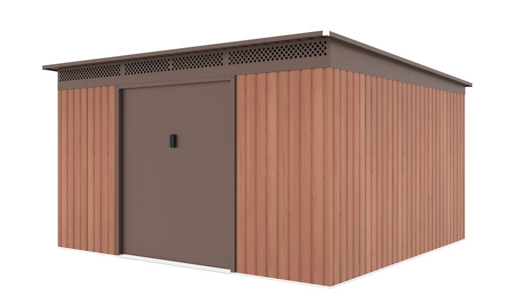 Zahradní domek / garáž kov hnědý - imitace dřeva, 340x333x191 cm