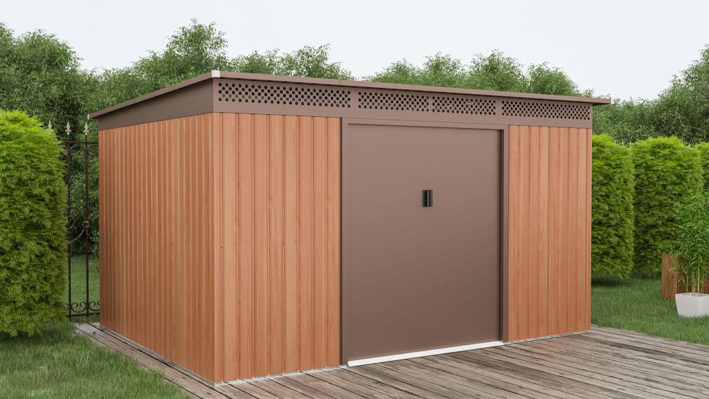 Zahradní domek / garáž kov hnědý - imitace dřeva, 340x269x189 cm