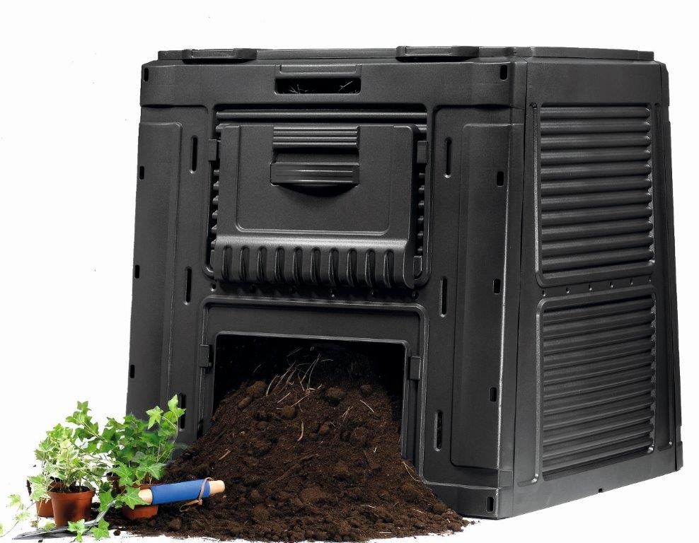 Černý plastový kompostér na zahradu s podstavcem a dvířky, 470 L