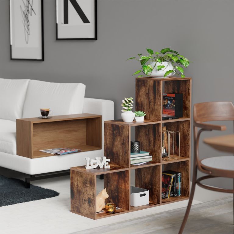 Designový stupňovitý dřevěný regál do obývacího pokoje / ložnice, vintage dřevo, 98x98x29 cm