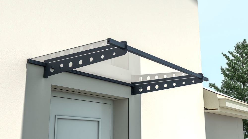Moderní přístřešek nad vchodové dveře kov + plexisklo, černá / čirá, 150x80 cm