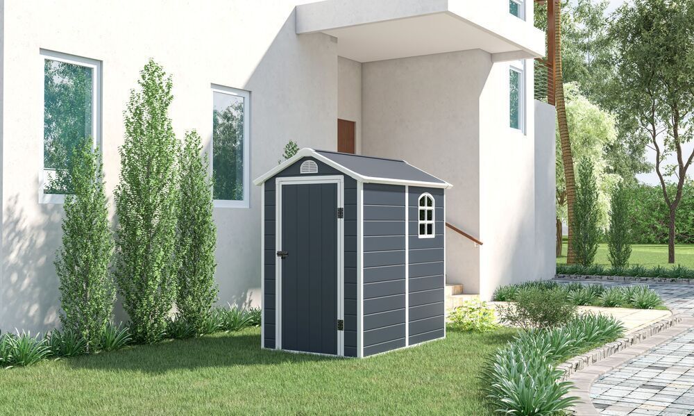 Malý stavebnicový zahradní domek tmavě šedý plastový 192x134x204 cm