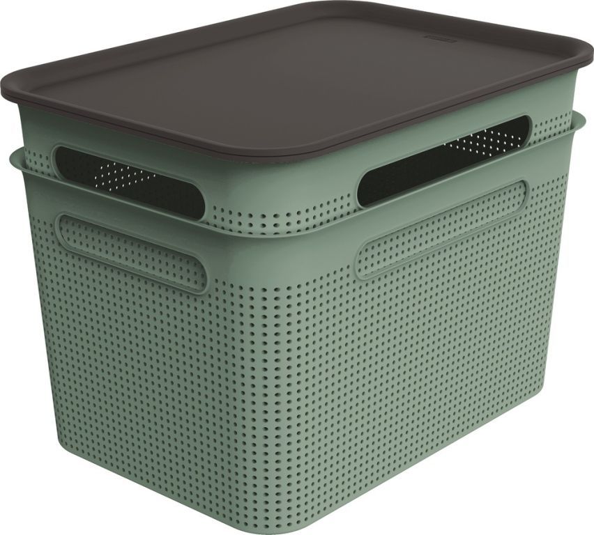 2x velký plastový úložný box s víkem do bytu / kanceláře, perforovaný, 2x16 L, zelená / antracit