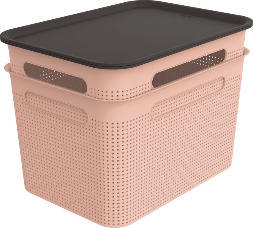 2x velký plastový úložný box s víkem do bytu / kanceláře, perforovaný, 2x16 L, růžová / antracit