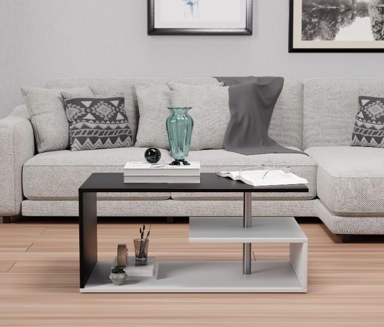 Levný konferenční stolek s poličkou moderní tmavě šedá + bílá + stříbrná, 90x50x41 cm