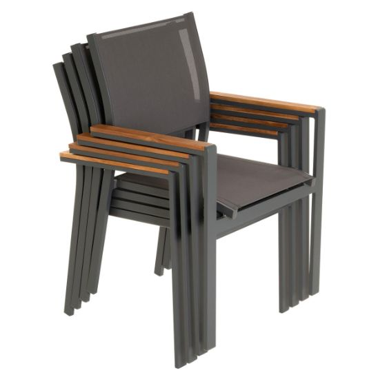 Pevná pevná stohovatelná židle hliník + umělá textilie + dřevěné područky, šedá / hnědá