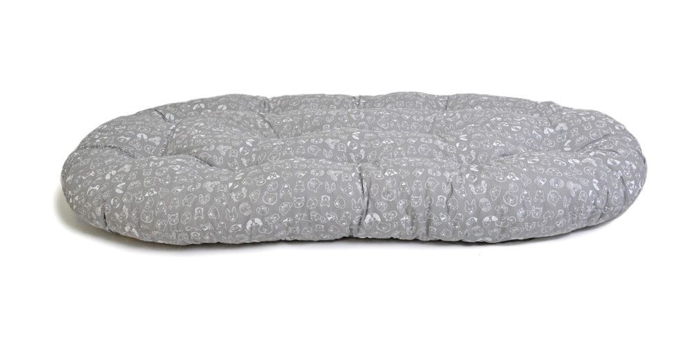 Velký pelíšek pro psy oválný bez okraje 100% bavlna, šedá + obrázky, 120x70 cm