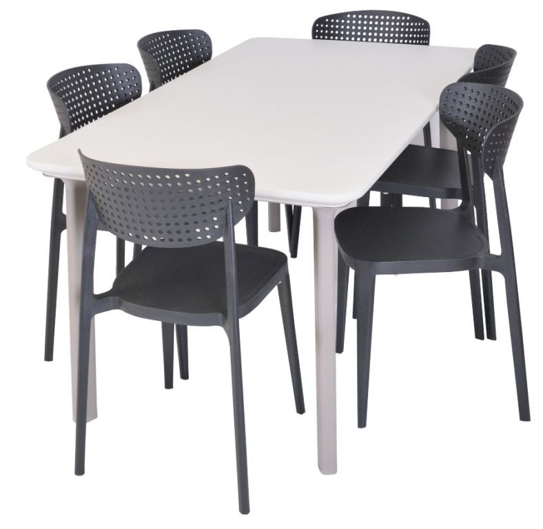 Obdélníkový velký jídelní plastový stůl venkovní pro 6 osob, světle šedý, 147x84 cm