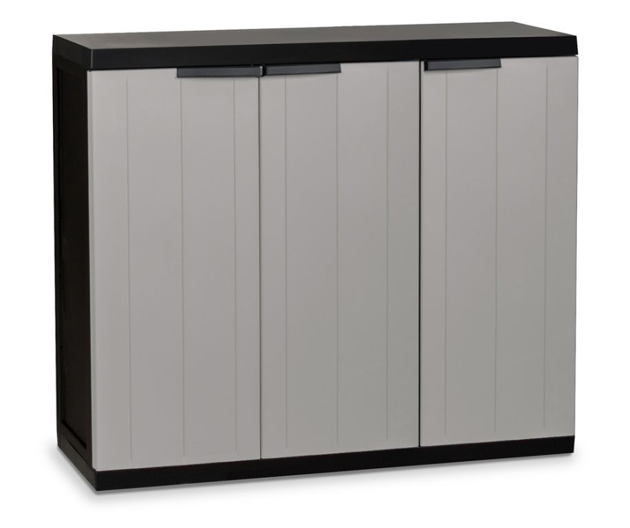 Odolná plastová třídveřová skříňka nízká do dílny / garáže / sklepa, šedá, 97x85x37 cm