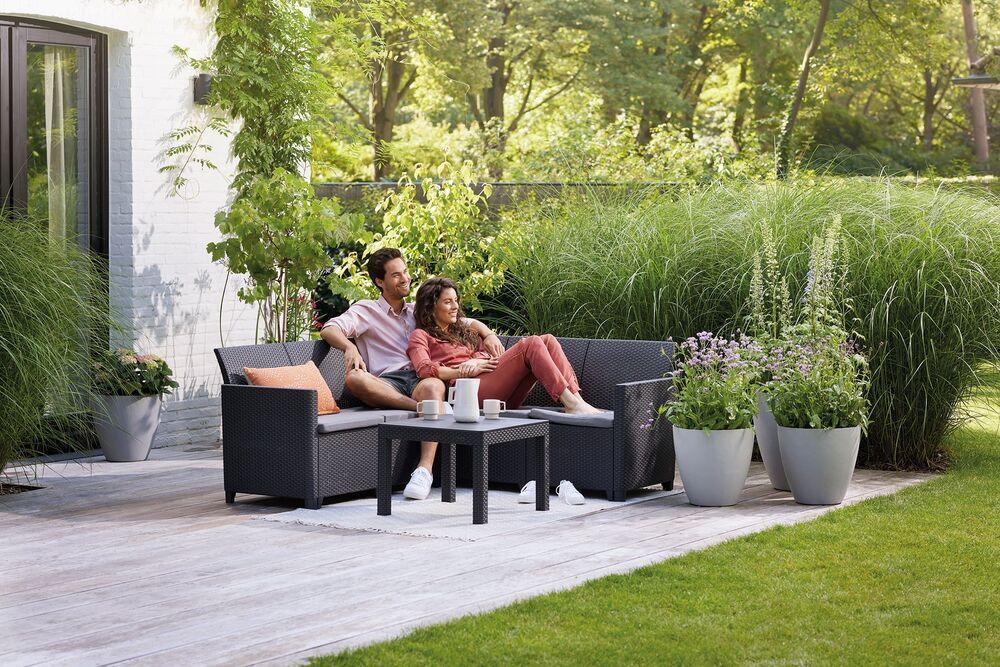 Zahradní ratanový set - rohová lavice + nízký stolek, pro 5 osob, grafit