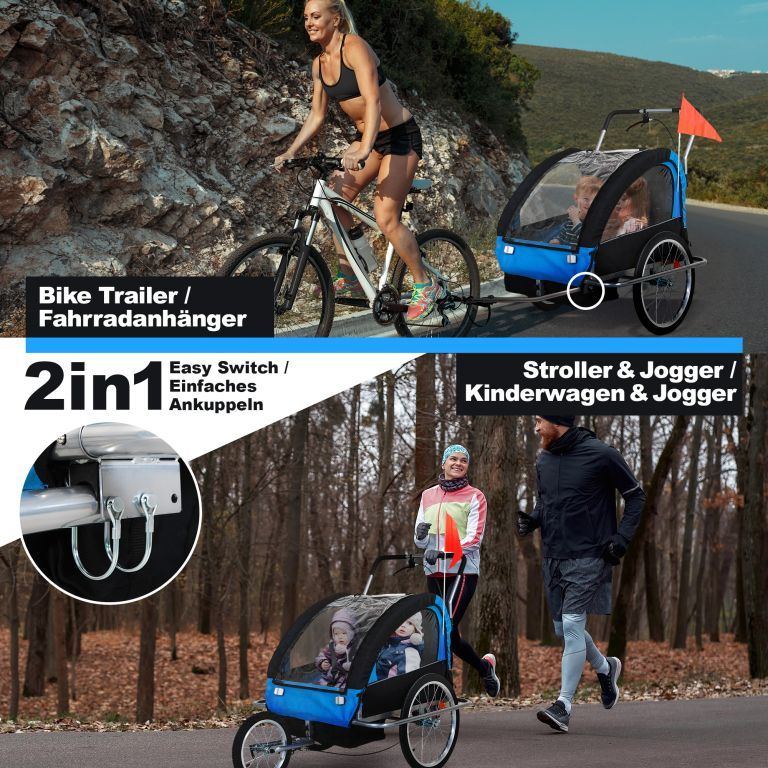 Multifunkční kočárek za kolo / na běhání / na bruslení, pro 2 děti, modrý